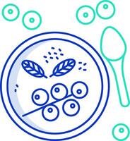 A blue plate with a bowl of soup and a spoon vector