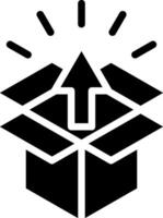 A black and white image of an open box with an arrow pointing up vector
