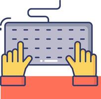Hands typing on a keyboard, with a mouse and a computer vector