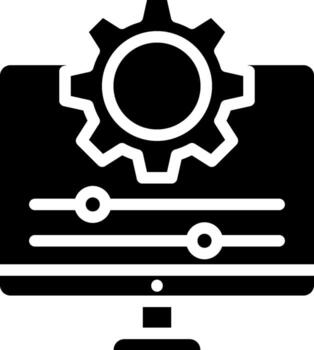 A black and white icon of a computer with gears vector