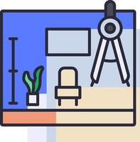 A drawing of a room with a chair, desk, and a ruler vector