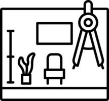 A black and white drawing of a room with a desk, chair, and a ruler vector