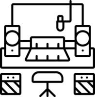 A black and white illustration of a room with a desk and speakers vector