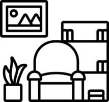 A black and white illustration of a chair and bookshelf vector
