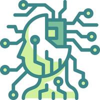 A green and blue icon of a head with circuit boards vector