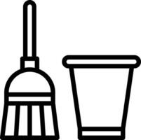 A broom and a cup are shown in black and white vector
