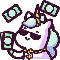 A cartoon unicorn holding money and wearing sunglasses vector