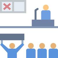 A group of people in a room with a speaker and a sign vector