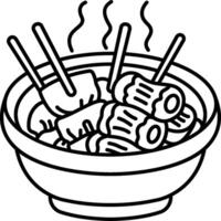 A bowl of food with chopsticks and meat in it vector