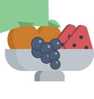 A bowl of fruit is shown in a flat style vector