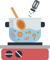 A pot with food and a spoon on top of the stove vector