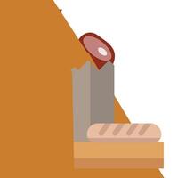 A slice of bread and a sausage on a table vector