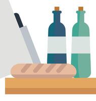 A bottle of wine, a bread knife and a bottle of olive oil vector