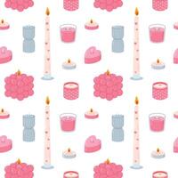 Various romantic Candles. Different shapes and sizes. Pillar, jar candle, square, container candle, heart shaped. Decorative wax candles for relax and spa. Candle snuffer. Seamless pattern vector