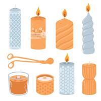Various Candles. Different shapes and sizes. Pillar, jar candle, square, container candle. Decorative wax candles for relax and spa. Candle snuffer. vector