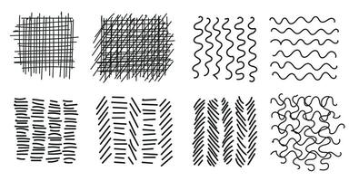 Set of sketchy doodle texture. Pattern, texture, line hand drawn. Hatch drawing pen ink and crosshatch draw pencil sketch. Doodle scratch style. Black shape isolated on white background. vector