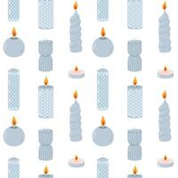Various Candles. Different shapes and sizes. Pillar, jar candle, square, container candle, heart shaped. Decorative wax candles for relax and spa. Candle snuffer. Seamless pattern vector