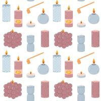Various Candles. Different shapes and sizes. Pillar, jar candle, square, container candle, heart shaped. Decorative wax candles for relax and spa. Candle snuffer. Seamless pattern vector