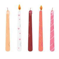 Various Candles. Different color and sizes. Pillar, candlestick. Decorative wax candles for relax and spa. Candle snuffer. vector