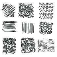 Set of sketchy doodle texture. Pattern, texture, line hand drawn. Hatch drawing pen ink and crosshatch draw pencil sketch. Doodle scratch style. Black shape isolated on white background. vector