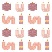 Various Candles. Different shapes and sizes. Pillar, jar candle, square, container candle, heart shaped. Decorative wax candles for relax and spa. Candle snuffer. Seamless pattern vector