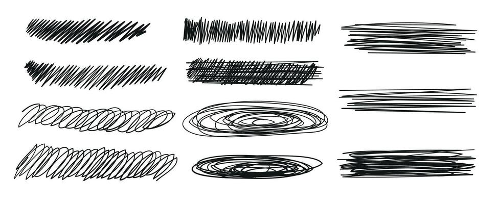 Set of sketchy doodle texture. Pattern, texture, line hand drawn. Hatch drawing pen ink and crosshatch draw pencil sketch. Doodle scratch style. Black shape isolated on white background.