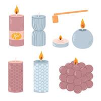 Various Candles. Different shapes and sizes. Pillar, jar candle, square, container candle. Decorative wax candles for relax and spa. Candle snuffer. vector
