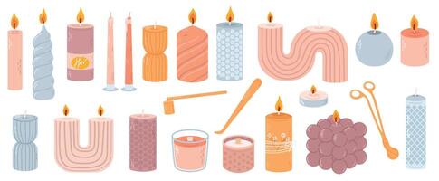 Various decorative candles set. Different shapes and sizes. Decorative wax candles for relax and spa. Candle snuffer. Hand drawn set vector