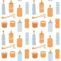 Various Candles. Different shapes and sizes. Pillar, jar candle, square, container candle, heart shaped. Decorative wax candles for relax and spa. Candle snuffer. Seamless pattern vector