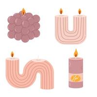 Various Candles. Different shapes and sizes. Pillar, jar candle, square, container candle, heart shaped. Decorative wax candles for relax and spa. Candle snuffer. vector
