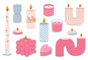 Various romantic Candles. Different shapes and sizes. Pillar, jar candle, square, container candle, heart shaped. Decorative wax candles for relax and spa. vector