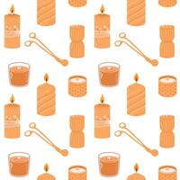 Various Candles. Different shapes and sizes. Pillar, jar candle, square, container candle, heart shaped. Decorative wax candles for relax and spa. Candle snuffer. Seamless pattern vector