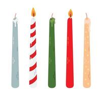 Various Candles. Different color and sizes. Pillar, candlestick. Decorative wax candles for relax and spa. Candle snuffer. vector
