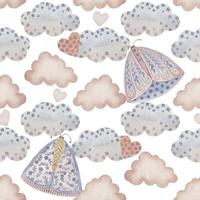 Boho Butterfly seamless pattern with clouds and stars on the white background. Hand drawn watercolor charming celestial illustration in soft pastel colors for baby nursery decor designs. vector