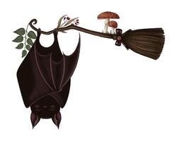 Corner Halloween upper composition with broom and sleeping bat. Hand drawn dark illustration in cartoon style. Isolated drawing perfect for autumn graphic and spooky season card designs. vector