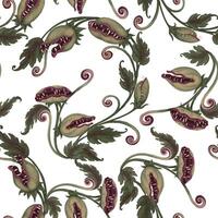 Halloween Seamless pattern with carnivorous plant in cartoon style. Hand drawn endless holiday background design. Dark mystical texture surface for autumn textile and spooky season craft. vector