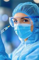 Medical professional preparing a vaccine in a clinical setting during the day photo