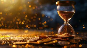 Hourglass With Sand Dripping Over Gold Coins In Golden Light photo