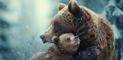 Mother Bear and Cub Share a Tender Moment in a Snowy Forest photo