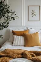 Cozy bedroom with warm blanket and natural sunlight in a modern setting photo