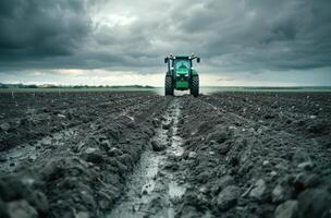 Green Tractor Working a Field on an Overcast Day photo