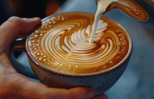 Barista Pouring Milk Into a Cup of Latte With Cinnamon photo