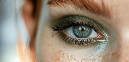 Close Up of a Womans Eye With Green Eyeshadow and Long Eyelashes photo