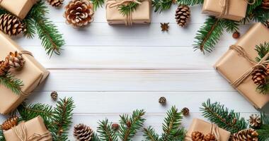 Festive Christmas Gifts Wrapped in Brown Paper With Pine Branches and Cones on White Wooden Background photo