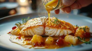 Chef drizzling sauce over a beautifully plated fish dish in a fine dining restaurant photo