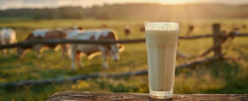 Glass of Milk in a Rural Setting With Cows Grazing in a Field at Sunset photo