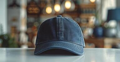 Blue Baseball Cap On White Surface With Blurry Green Plant In Background photo