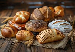 Assortment of Freshly Baked Breads on Rustic Wooden Tabletop photo
