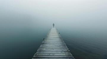Solitary Figure Walking on a Foggy Wooden Dock photo