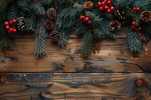 Evergreen Branches and Red Berries on Rustic Wood Background photo